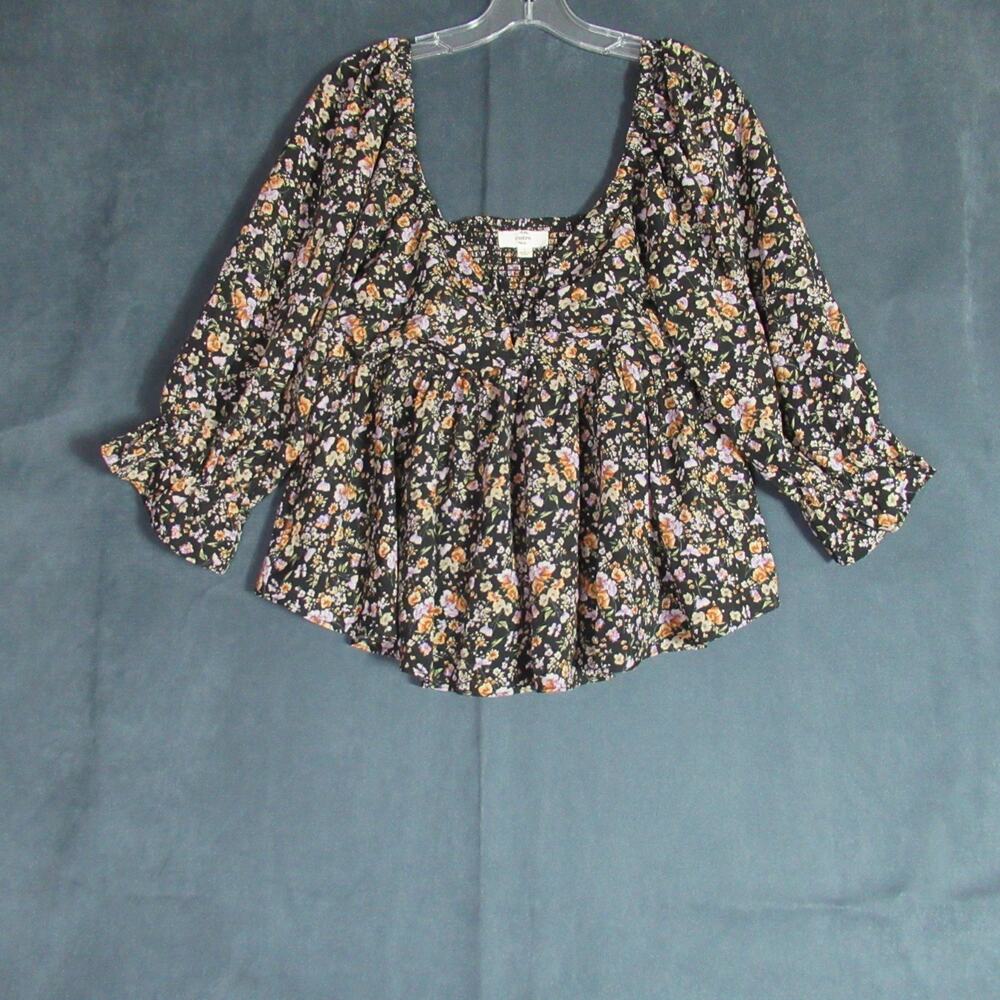 entro Black Floral Peasant Blouse with Pink and Orange Flowers